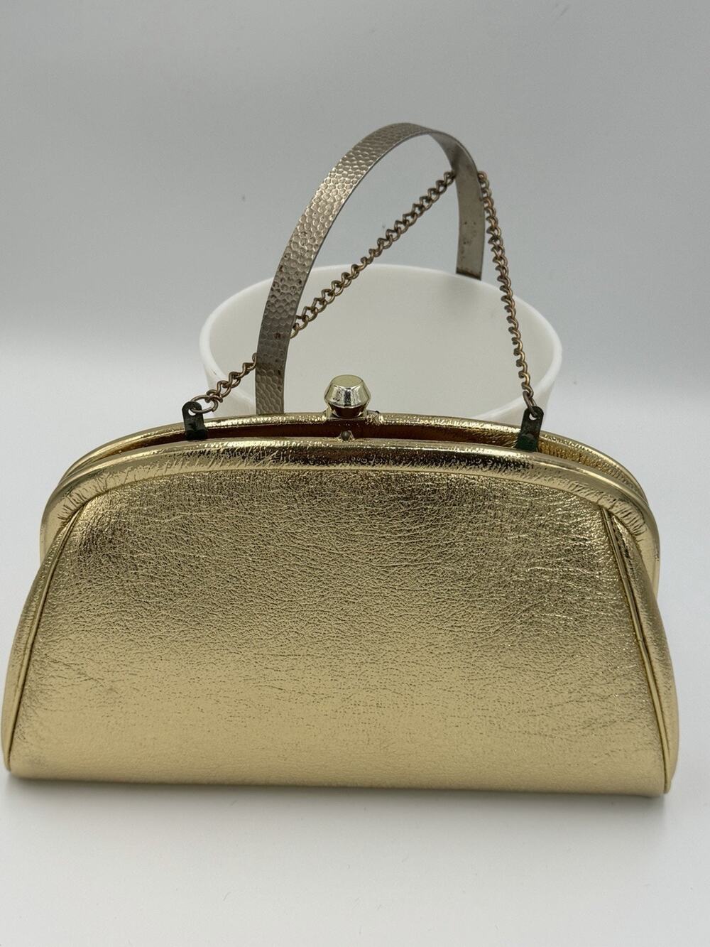 Vintage Mid-Century Metallic Gold Glitter Clutch Purse Evening Bag w Chain